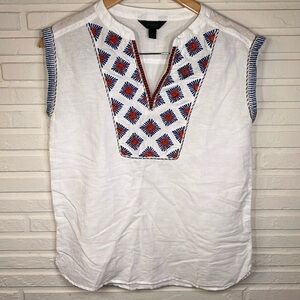 J. Crew White Embroidered Design Sleeveless Linen and Cotton Top, Women Size 0